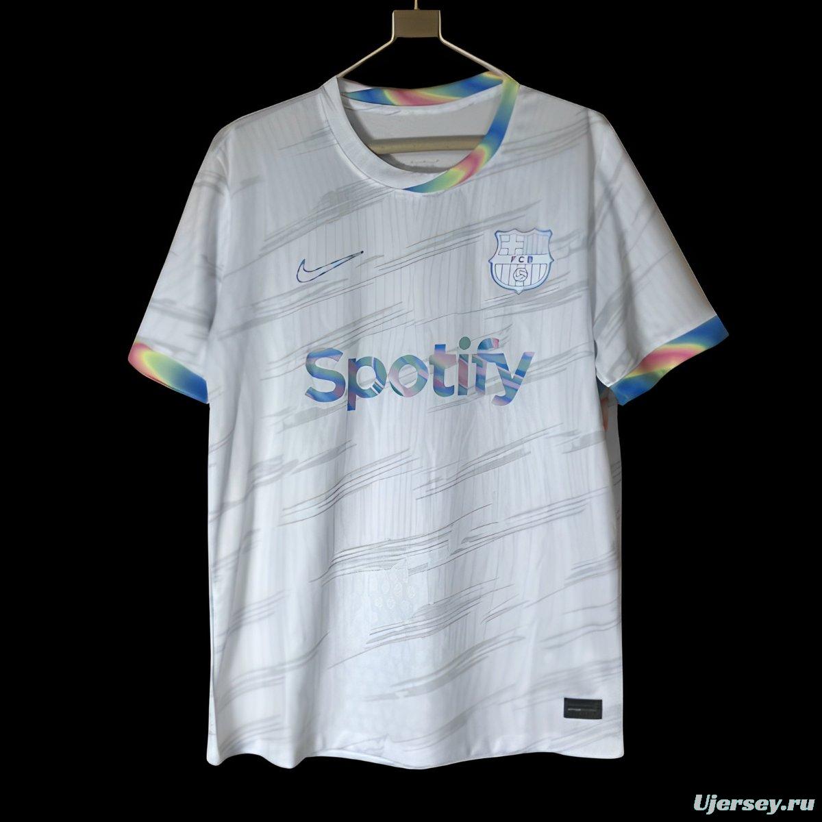 25/26 Barcelona White Nike Football Jersey with Spotify Sponsorship and Rainbow Accents