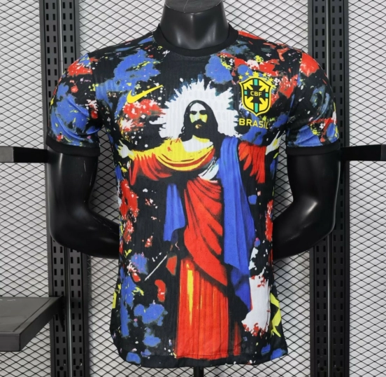 Player Version 2025 Brazil Black with Jesus Christ Artwork Jersey