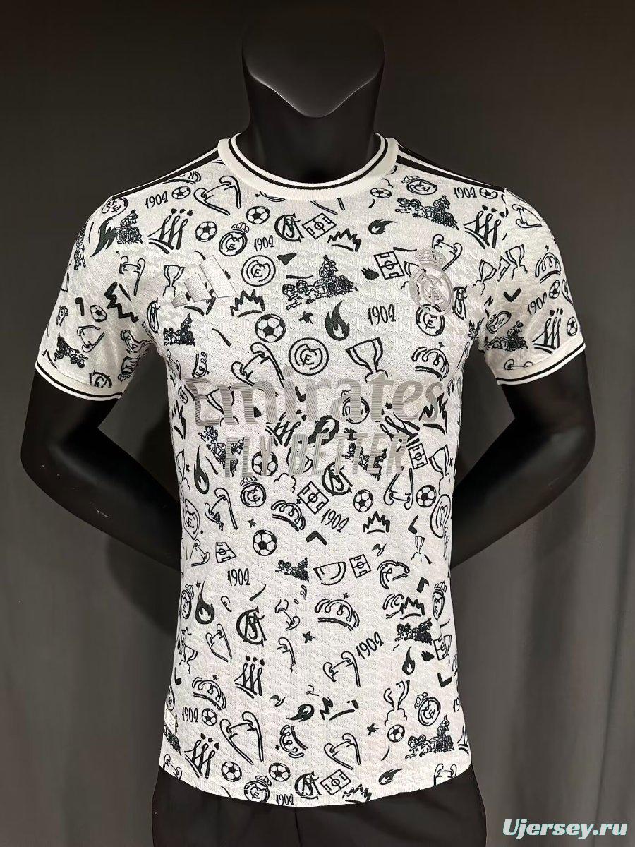 Player Version 25/26 Real Madrid White with Football Icons Pattern Jersey