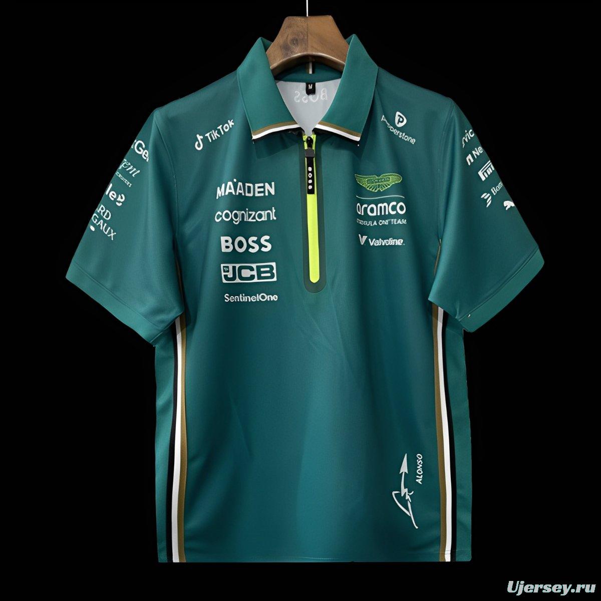 2025 F1 Aston Martin Aramco F1 Team Dark Green with Yellow Zipper Polo