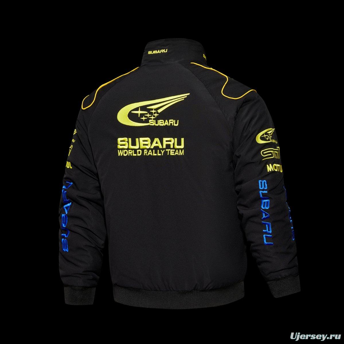 2026 F1 Subaru World Rally Team Black and Blue Racing Jacket with Yellow Trim and Pirelli Logo