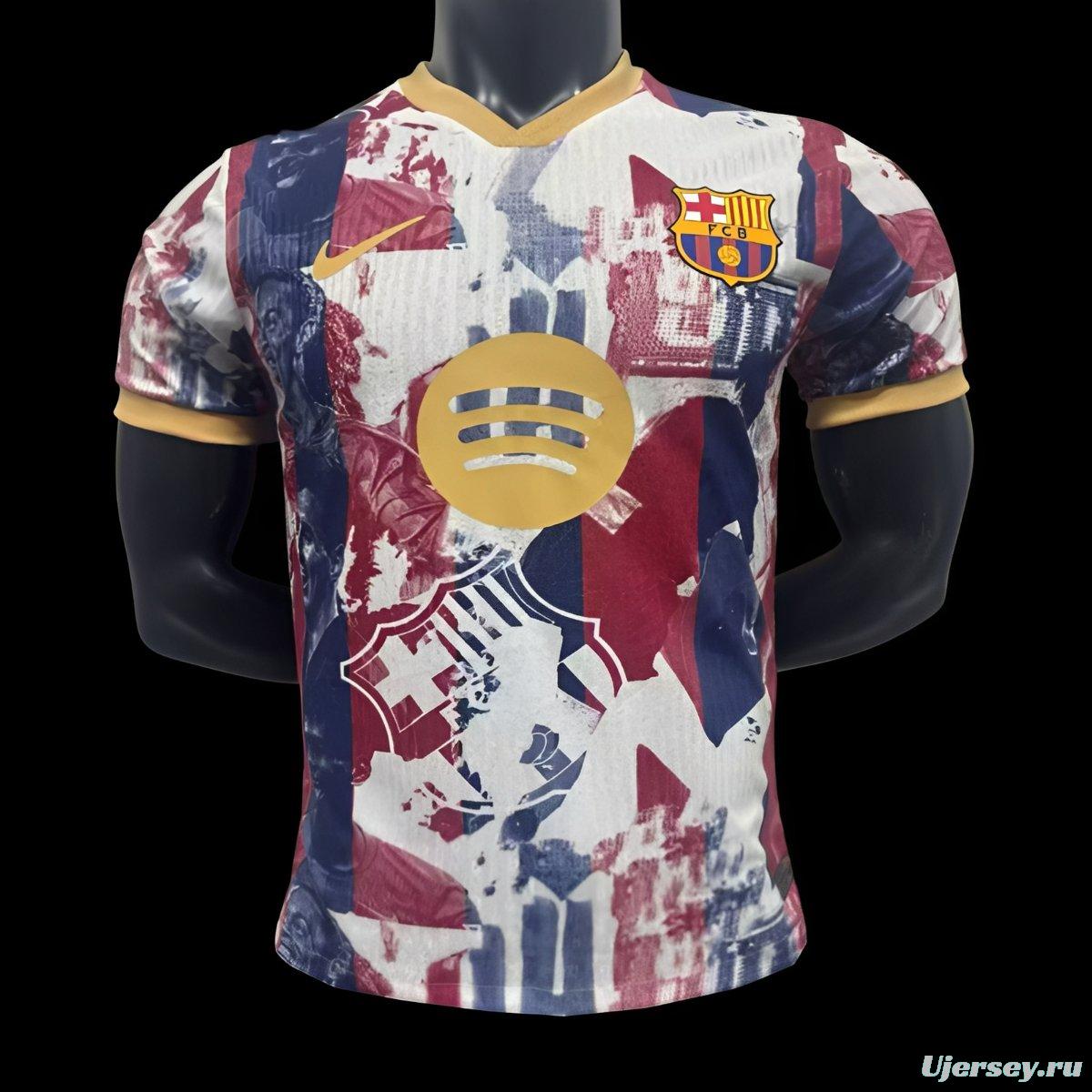 Player Version 25/26 Barcelona White with Abstract Blaugrana Brushstroke Print and Gold Trim Jersey