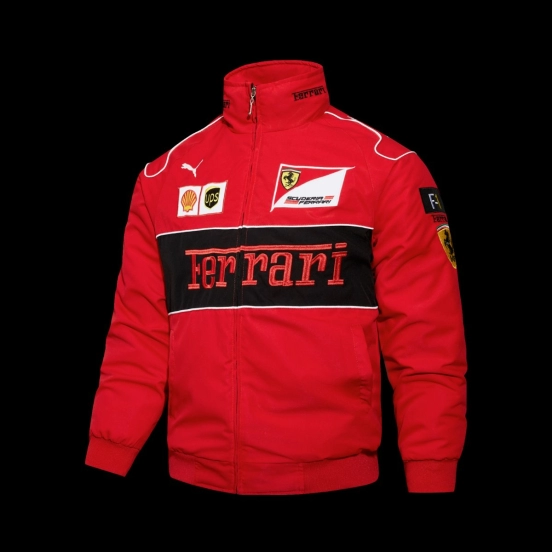 2026 Scuderia Ferrari F1 Team Red Racing Jacket with Black Stripe and Shell UPS Sponsor Logos