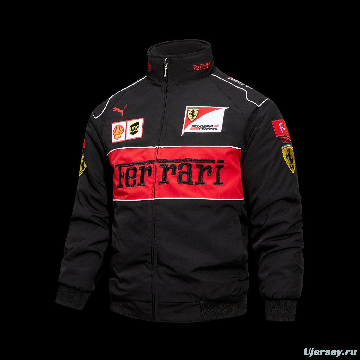 2026 Scuderia Ferrari F1 Team Black Racing Jacket with Red Stripe and Shell UPS Sponsor Logos