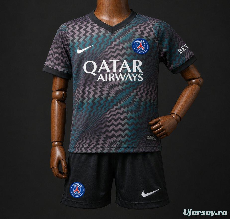 26/27 Kids PSG/Paris Saint-Germain Home Goalkeeper Black/Blue Zigzag Pattern Jersey