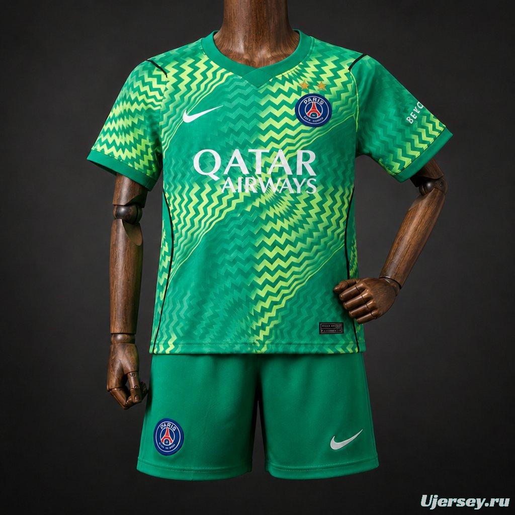 2 Stars 26/27 Kids PSG/Paris Saint Germain Green Goalkeeper Jersey