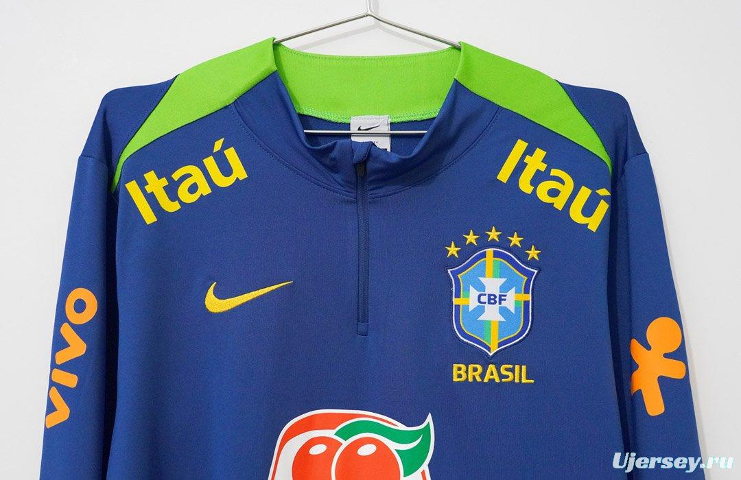 2024 Brazil Navy Blue with Lime Green Long Sleeve Half-Zip Training Top