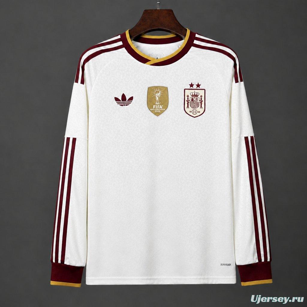 2 Star 2026 Spain Away White Long Sleeve Jersey With Champion Patch