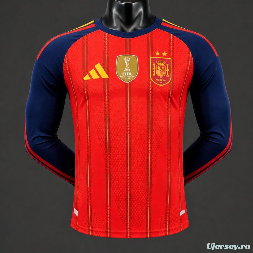 Player Version 2 Star 2026 Spain Home Long Sleeve Jersey With Champion Patch